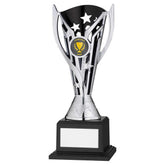 SILVER/BLACK PLASTIC 'FLASH' CUP ON BASE ASSEMBLED TROPHY (1" CEN) - 8in